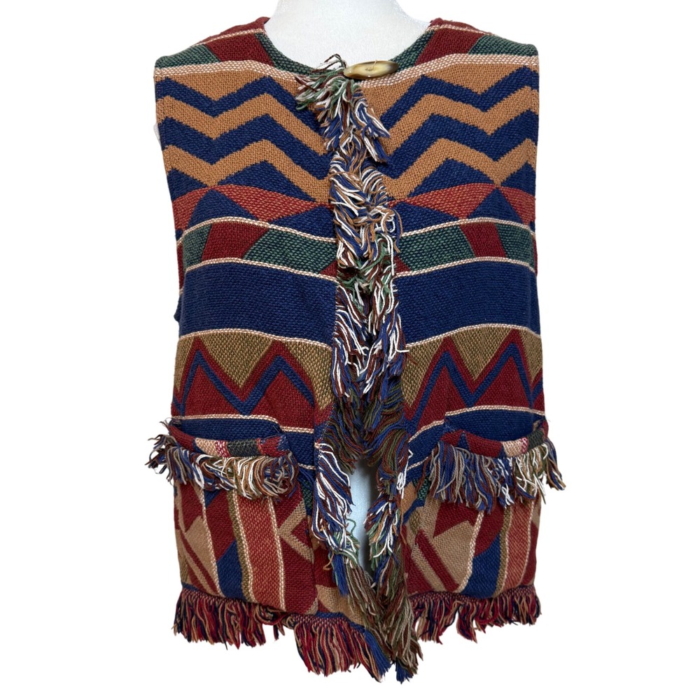 SGS Studio Southwest Tapestry Vest Womens M Aztec Fringe Open Front Boho Cotton